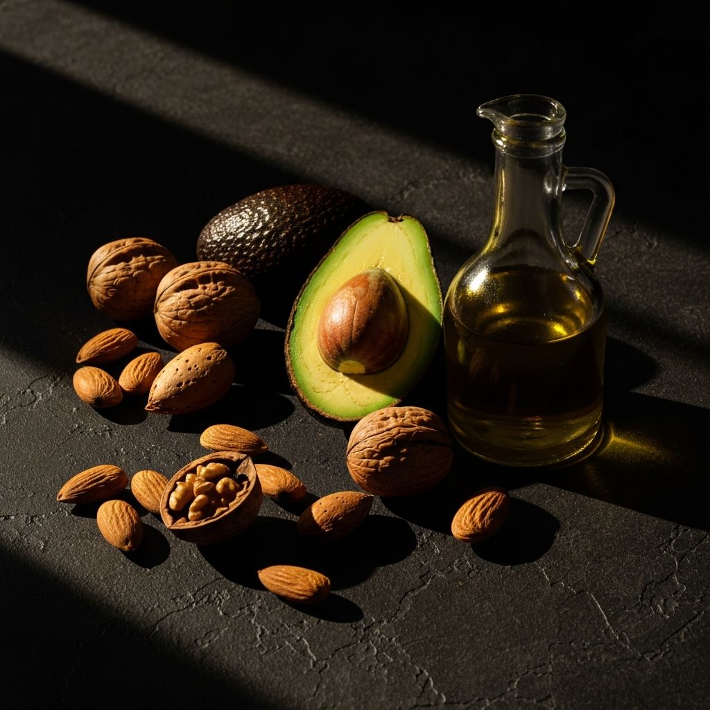 Avocado halves, walnuts, almonds and olive oil in a glass bottle arranged on a dark textured surface