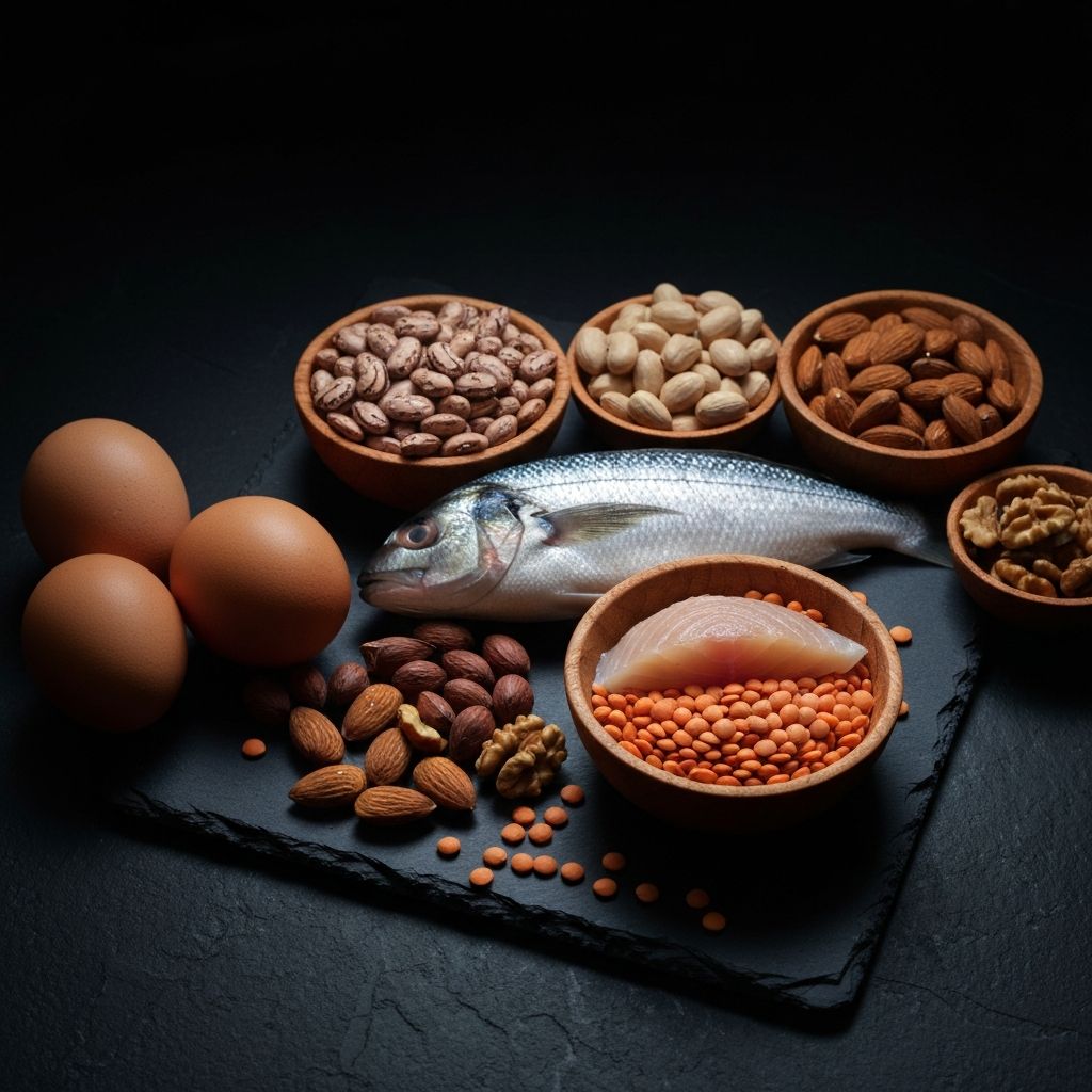 A variety of protein-rich whole foods including legumes, lentils, eggs, fish and nuts arranged on a dark surface