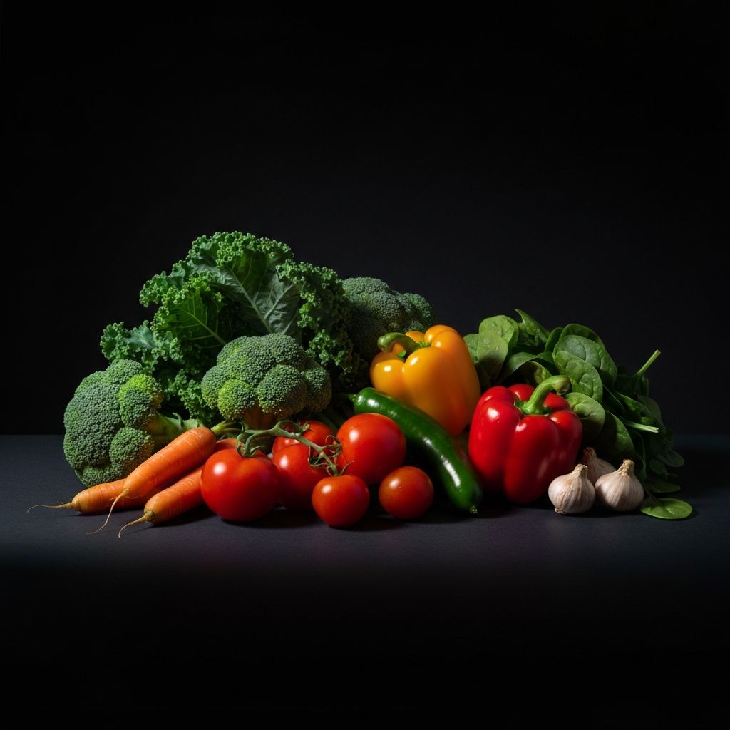 An array of fresh raw vegetables including kale, broccoli, carrots and bell peppers